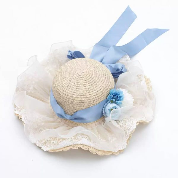 RainbowCat - Cloudside Sweet Note - Lolita One-Piece Dress with Blue-Ribbon Straw Hat Option