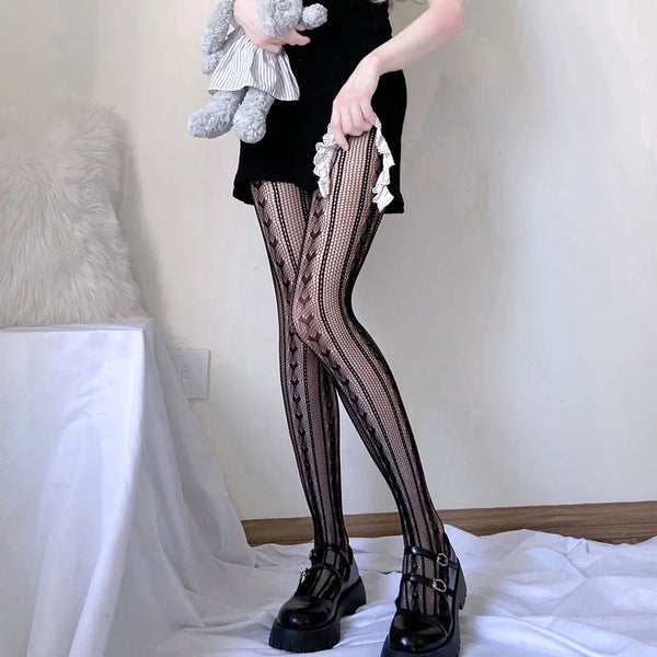 Caged Bird Hotel - Stockholm Lover - Gothic Lolita Plus-Size Fishnet Stockings with Diamond-and-Stripe Motif