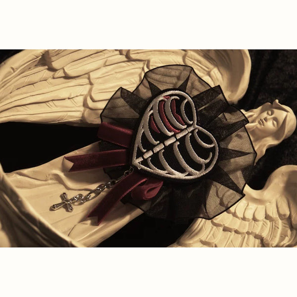 Caged Bird Hotel - Mirror Heart Ribcage - Gothic Metal Brooch with Cross Charm
