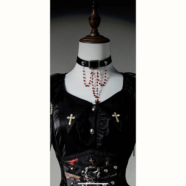 Caged Bird Hotel - Blood - Gothic Choker Collar Chain with Red Beaded Tassels