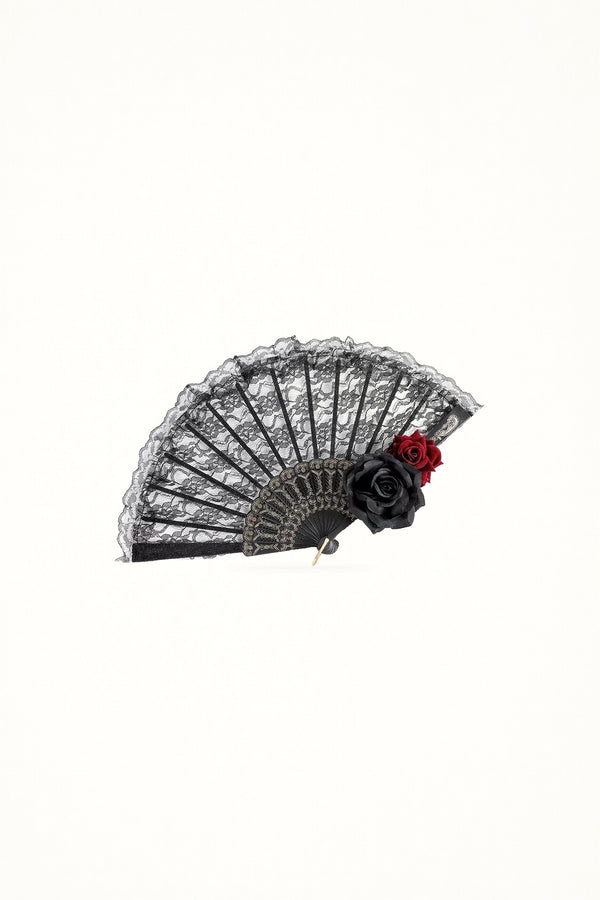 1st Anniversary Rose Nocturne gothic lace folding fan on a white background