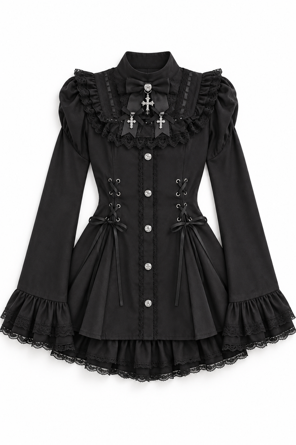 1st Anniversary Midnight Bow black Gothic lace mini dress flat lay on a white background