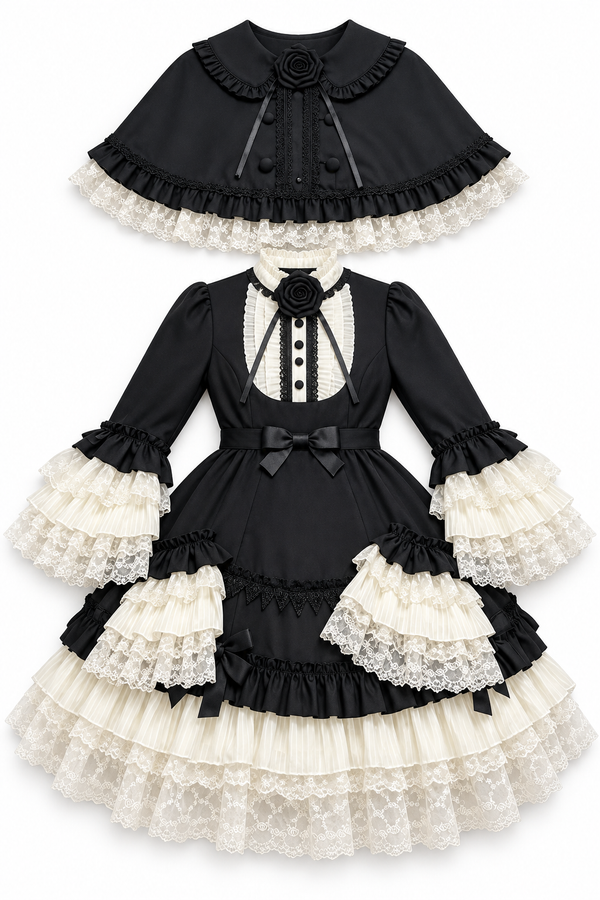 1st Anniversary Nocturne Song black dress and cape set flat lay on a white background