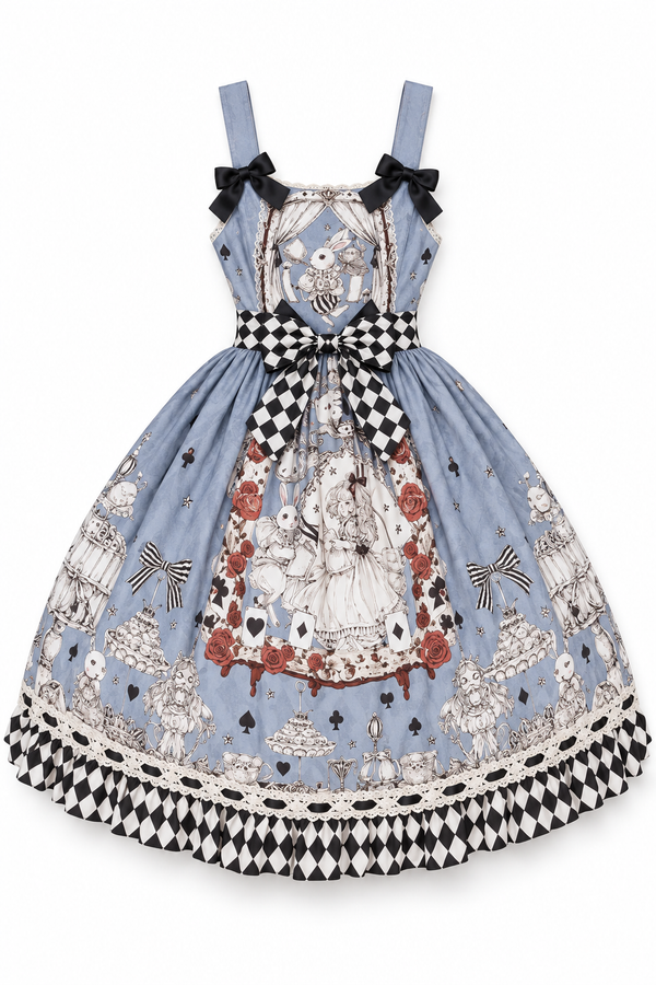 1st Anniversary Mourning Alice smoky-blue Gothic Lolita JSK flat lay on a white background