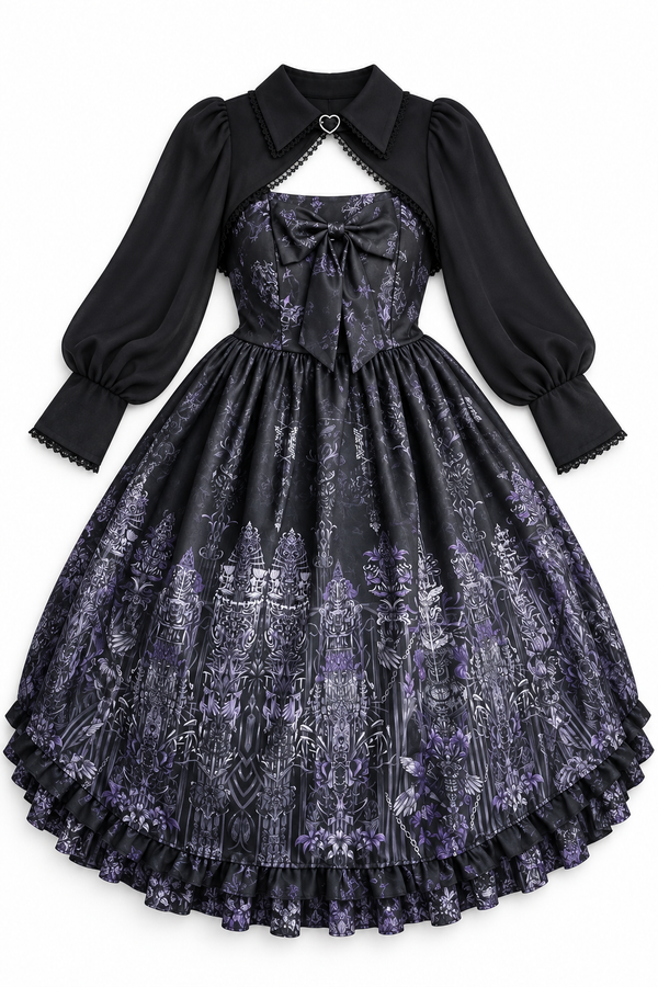 1st Anniversary Purple Iris Gothic dress and shawl flat lay on a white background