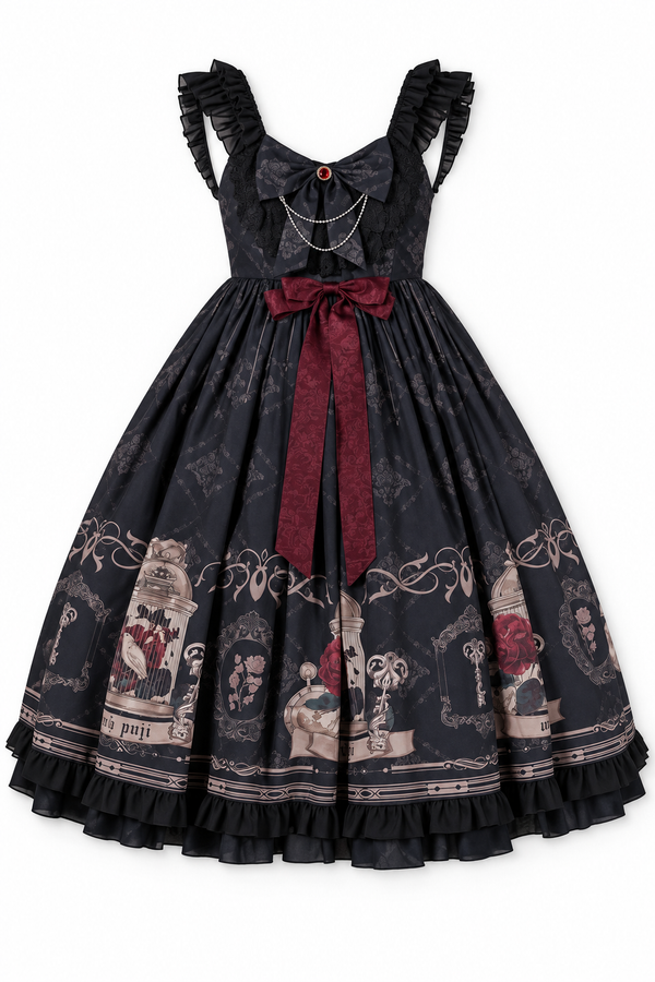 1st Anniversary Nightingale and Rose Gothic Lolita JSK flat lay on a white background