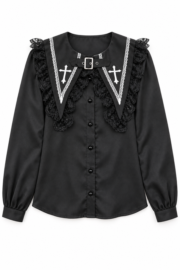 1st Anniversary Cross Sailor black Gothic lace blouse flat lay on a white background