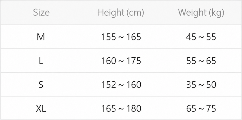 Cross Witch size guide with recommended height and weight ranges
