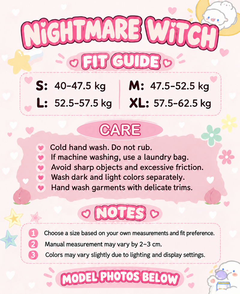 Nightmare Witch English fit guide and garment care instructions