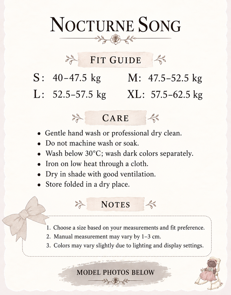 Nocturne Song English fit guide and garment care instructions