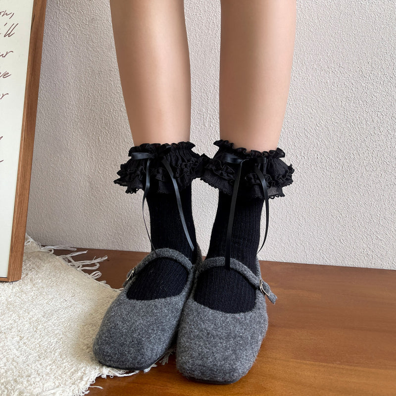 LolitaFetch Essentials Ballet Ruffle Bow Faux Cashmere Slouch Crew Socks - image 4
