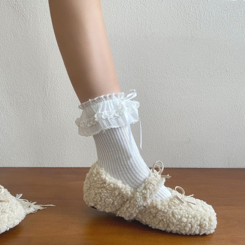 LolitaFetch Essentials Ballet Ruffle Bow Faux Cashmere Slouch Crew Socks - image 5
