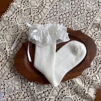 Ballet Ruffle Bow Faux Cashmere Slouch Crew Socks - Sweet Lolita Mid-Calf Socks - White / One Size