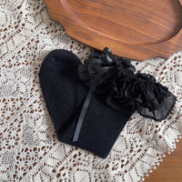 Ballet Ruffle Bow Faux Cashmere Slouch Crew Socks - Sweet Lolita Mid-Calf Socks - Black / One Size