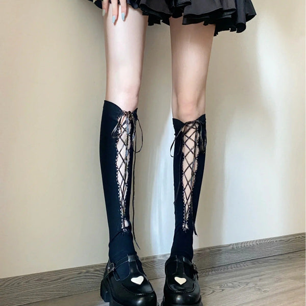 LolitaFetch Essentials Black Lace-Up Hollow-Out Crew Socks - image 1