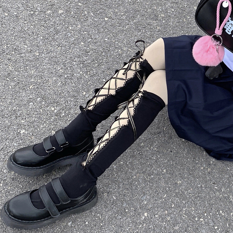 LolitaFetch Essentials Black Lace-Up Hollow-Out Crew Socks - image 3