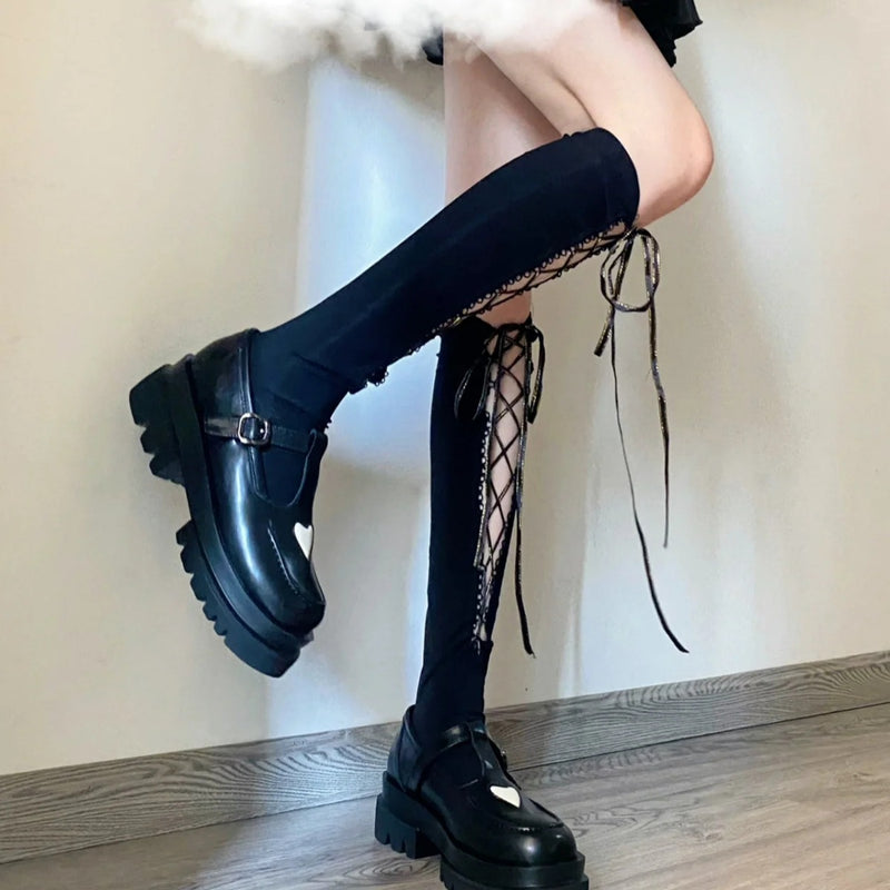 LolitaFetch Essentials Black Lace-Up Hollow-Out Crew Socks - image 4