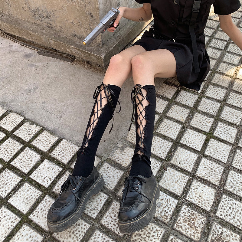 LolitaFetch Essentials Black Lace-Up Hollow-Out Crew Socks - image 6