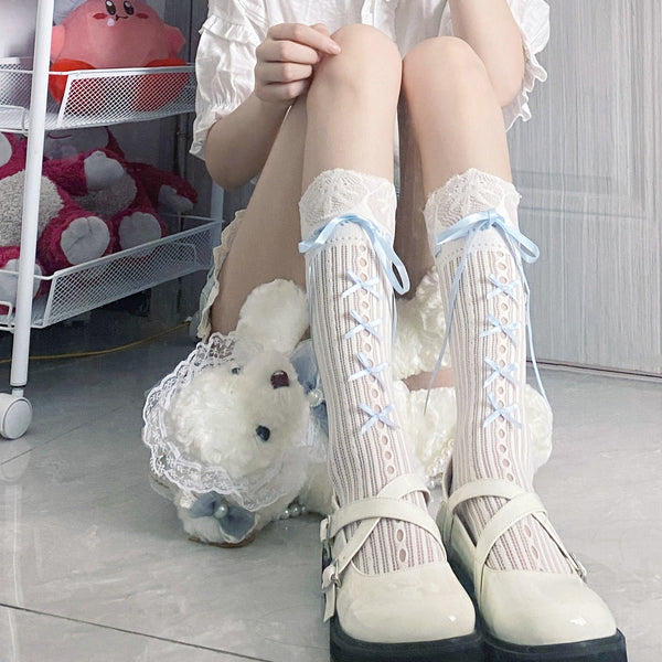 LolitaFetch Essentials Blue Bow Hollow-Out JK Crew Socks - image 1