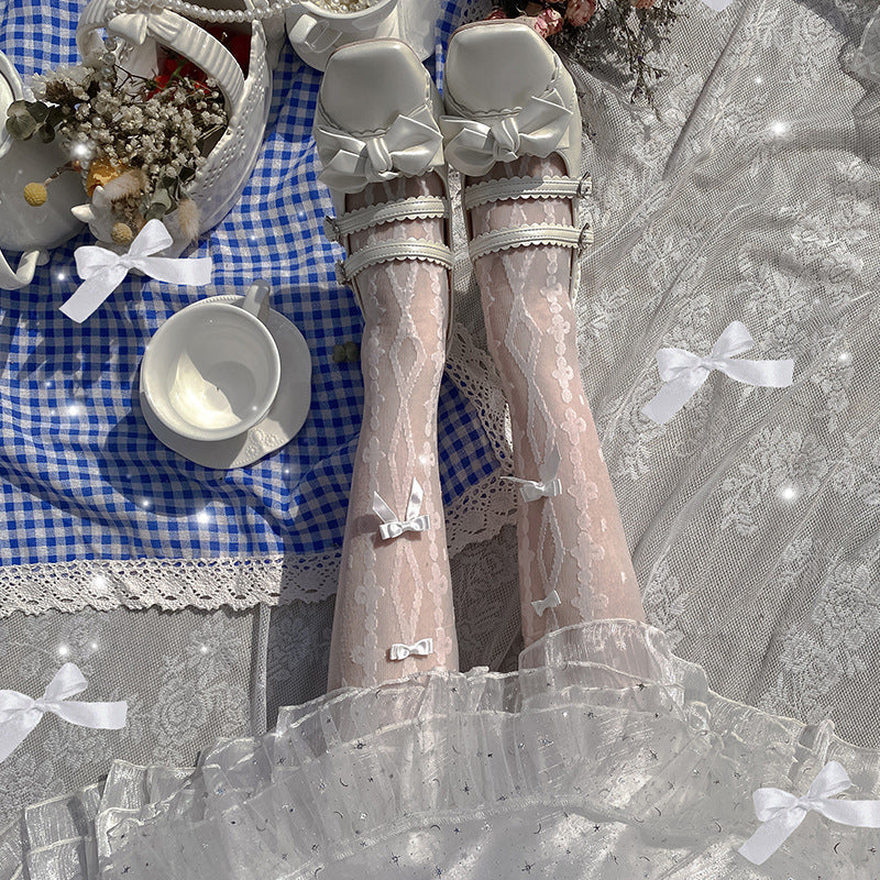 LolitaFetch Essentials Bow Cross Print Sheer Over-the-Knee Socks - image 4