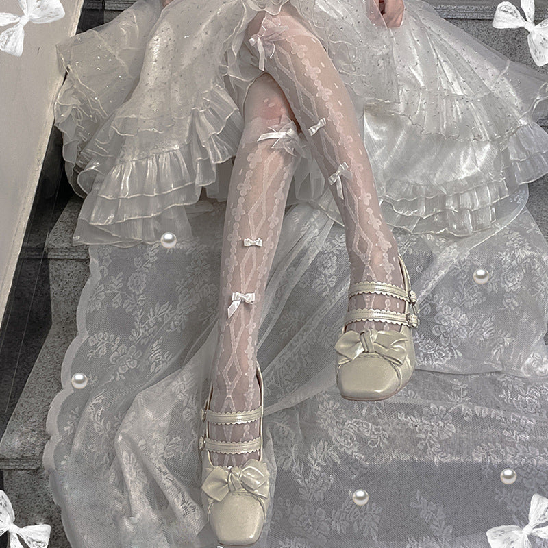 LolitaFetch Essentials Bow Cross Print Sheer Over-the-Knee Socks - image 6