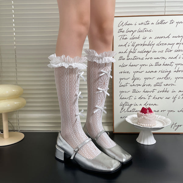 LolitaFetch Essentials Bow Lace Mesh Ruffle Slouch Mid-Calf Crew Socks - image 1