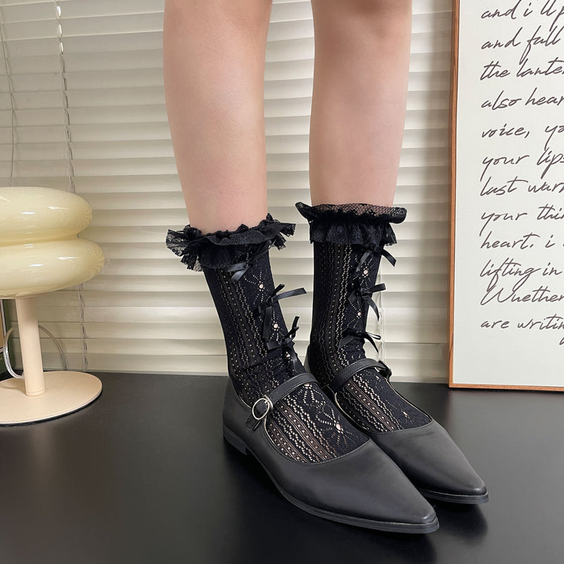 LolitaFetch Essentials Bow Lace Mesh Ruffle Slouch Mid-Calf Crew Socks - image 4