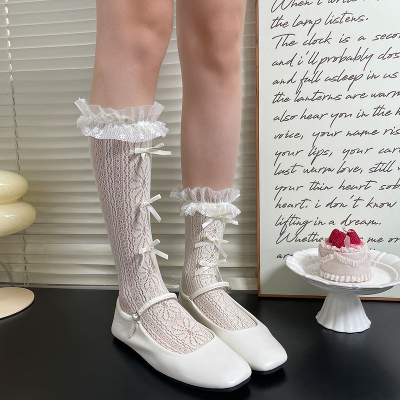 LolitaFetch Essentials Bow Lace Mesh Ruffle Slouch Mid-Calf Crew Socks - image 5