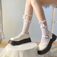 Bow Lace Sheer Crew Socks - Sweet Lolita White Ankle Socks - White Short / One Size