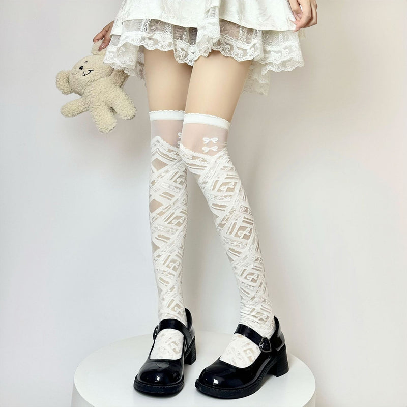 LolitaFetch Essentials Bow Print Sheer Crystal Silk Over-the-Knee Socks - image 9