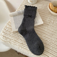 Bow Wool Fleece-Lined Crew Socks - Sweet Lolita Warm Socks - Dark Gray / One Size
