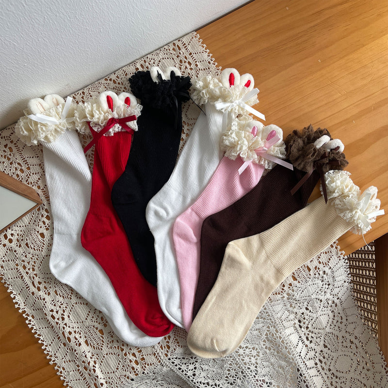 LolitaFetch Essentials Bunny Ear Embroidered Ruffle Cotton Slouch Crew Socks - image 1