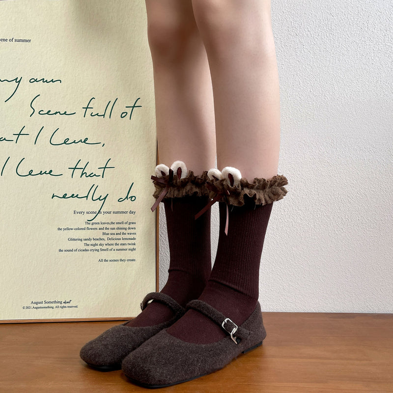LolitaFetch Essentials Bunny Ear Embroidered Ruffle Cotton Slouch Crew Socks - image 4