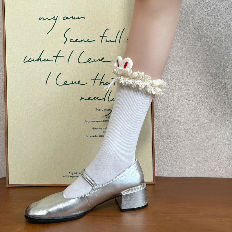 LolitaFetch Essentials Bunny Ear Embroidered Ruffle Cotton Slouch Crew Socks - image 5