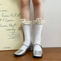 Bunny Ear Embroidered Ruffle Cotton Slouch Crew Socks - Sweet Lolita Socks - White / One Size