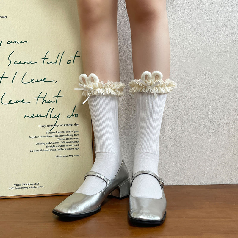 LolitaFetch Essentials Bunny Ear Embroidered Ruffle Cotton Slouch Crew Socks - image 6
