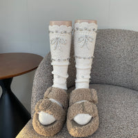 Cream White Ruffle Edge Beaded Bow Slouch Crew Socks - Vintage Sweet Lolita Socks - Milky White / One Size