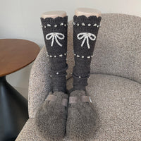 Cream White Ruffle Edge Beaded Bow Slouch Crew Socks - Vintage Sweet Lolita Socks - Dark Gray / One Size