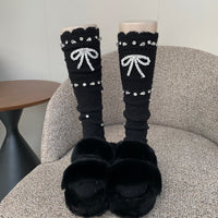 Cream White Ruffle Edge Beaded Bow Slouch Crew Socks - Vintage Sweet Lolita Socks - Black / One Size