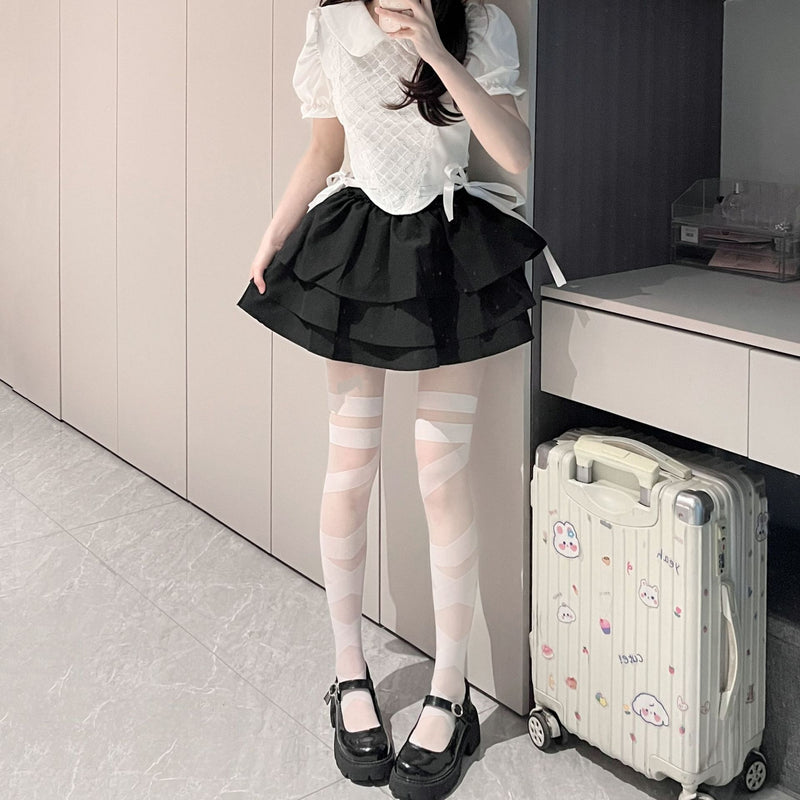 LolitaFetch Essentials Cross Lace-Up Jacquard White Tights - image 3