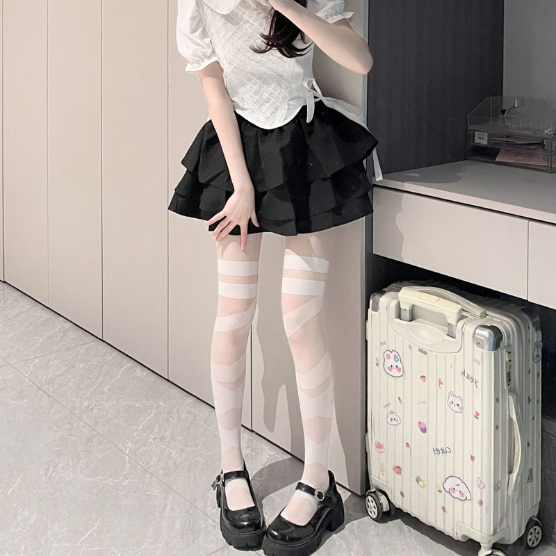 LolitaFetch Essentials Cross Lace-Up Jacquard White Tights - image 4