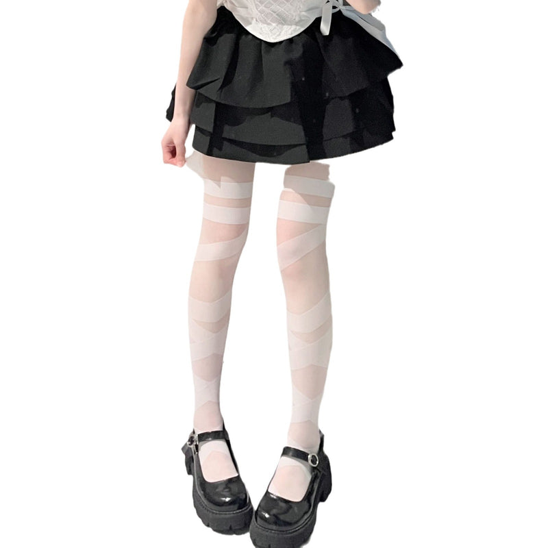 LolitaFetch Essentials Cross Lace-Up Jacquard White Tights - image 5