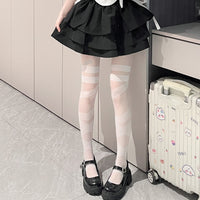 Cross Lace-Up Jacquard White Tights - JK Sweet Lolita Leggings - White / M