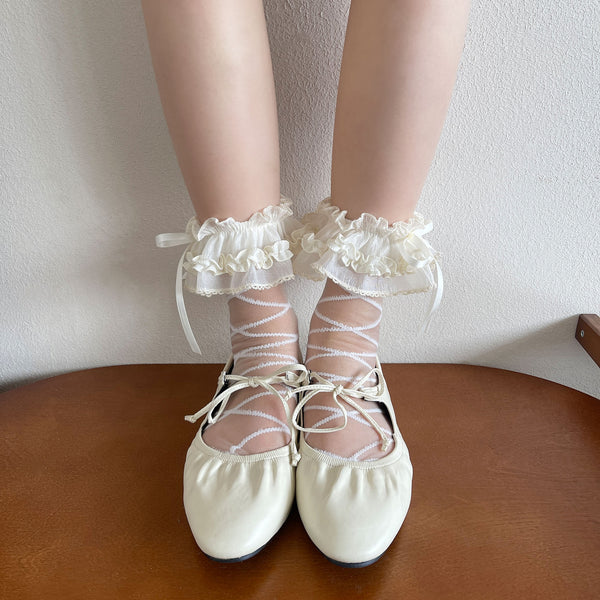 LolitaFetch Essentials Crystal Sheer Silk Big Ruffle Bow Ankle Socks - image 1