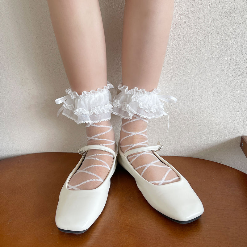 LolitaFetch Essentials Crystal Sheer Silk Big Ruffle Bow Ankle Socks - image 3
