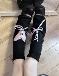 Dark Lace-Up Ribbon Leg Warmers - Black White Gothic Lolita Leg Warmers - Black Pink / One Size