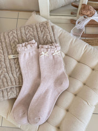 Double Bubble Cuff Ruffle Bow Fleece Socks - Sweet Lolita Socks - Light Pink / One Size