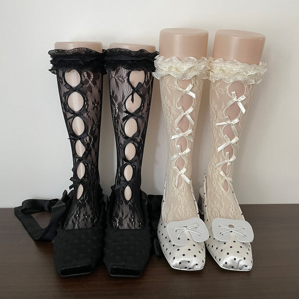 LolitaFetch Essentials Double Layer Lace Eyelet Bow Calf Socks - image 1