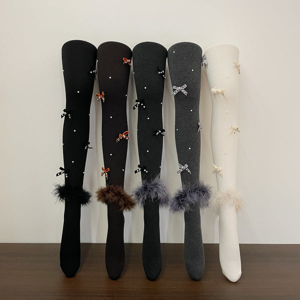 LolitaFetch Essentials Feather Flocked Bow Rhinestone Tights - image 1