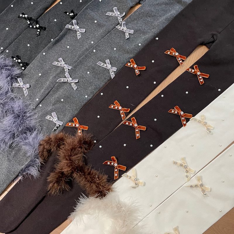 LolitaFetch Essentials Feather Flocked Bow Rhinestone Tights - image 3